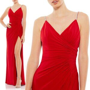 Mac Duggal 26695 Size 6 Crystal Strap Ruched Red Jersey Long Maxi Gown Dress